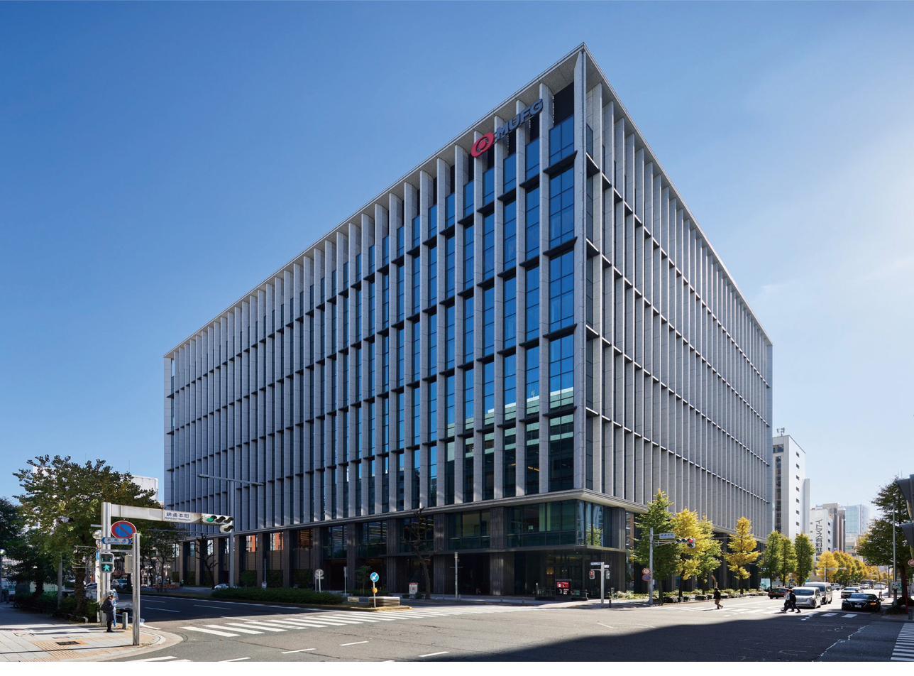 A modern office building on a sunny day