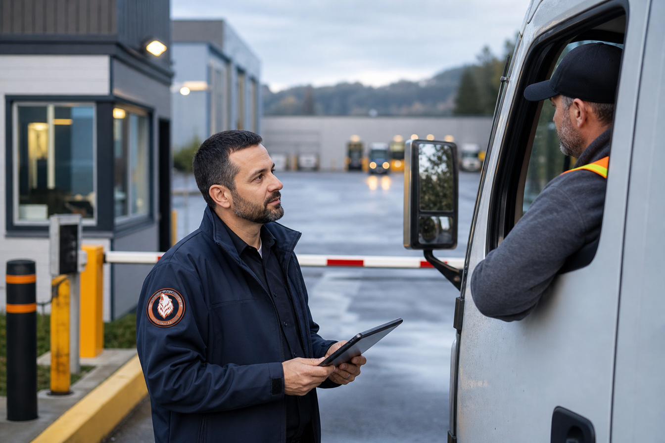 A security officer checking a van driver at a site gate