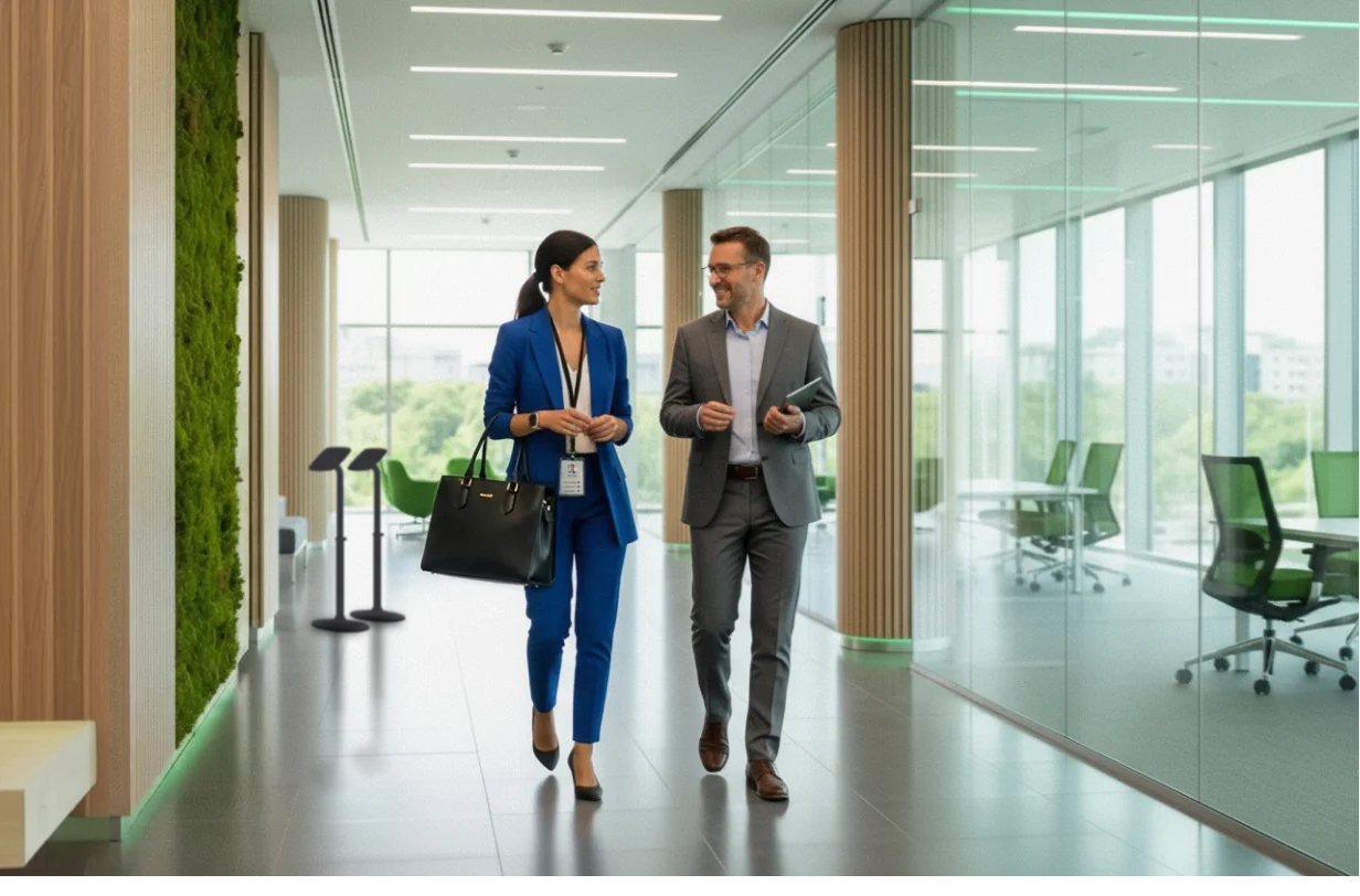 2 colleagues walking through a bright office corridor