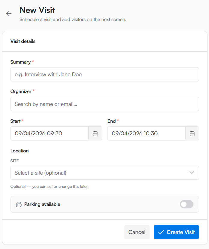 Axxession new-visit form: summary, organizer, start and end time, site and parking options