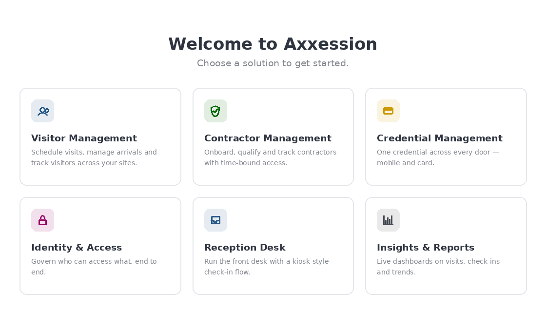 Axxession platform home with visitor management, contractor management, credential management and identity and access solutions